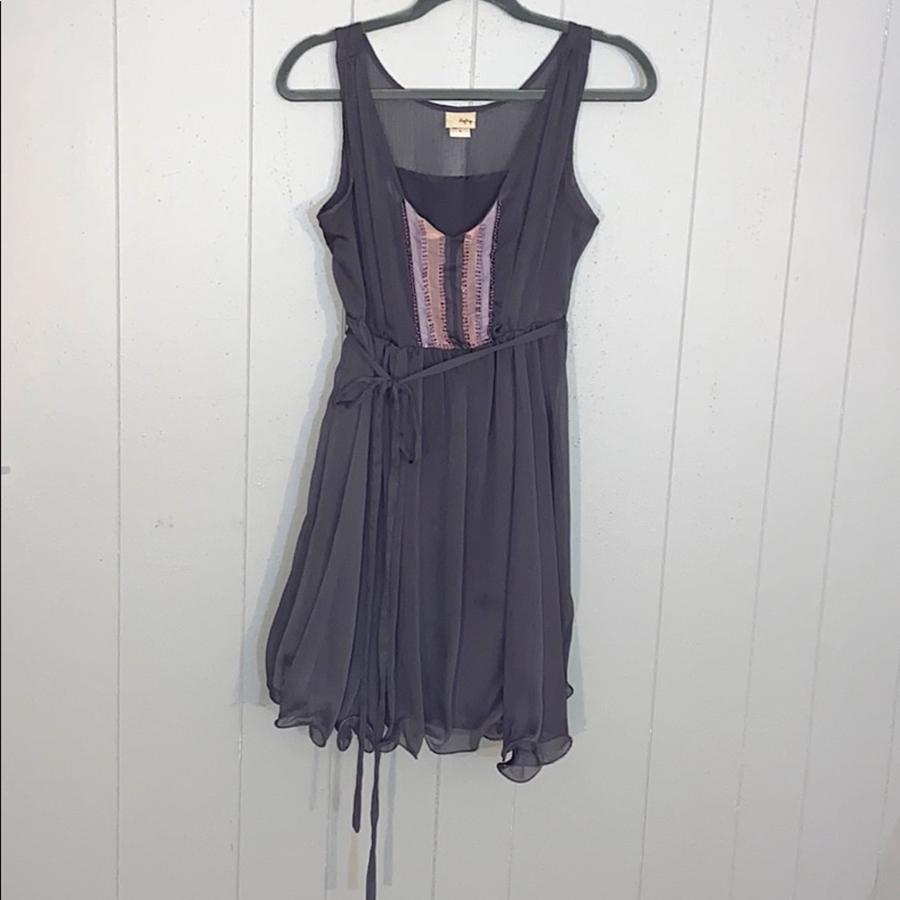 Flouncy hem grey pink beaded chiffon dress
